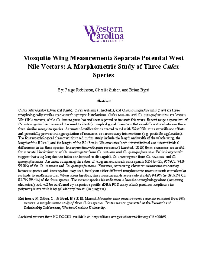 Mosquito wing measurements separate potential West Nile vectors: a morphometric study of three Culex species