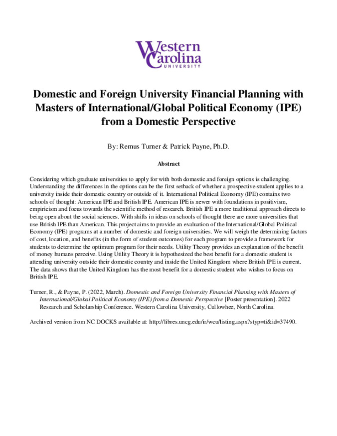 Domestic and Foreign University Financial Planning with Masters of International/Global Political Economy (IPE) from a Domestic Perspective