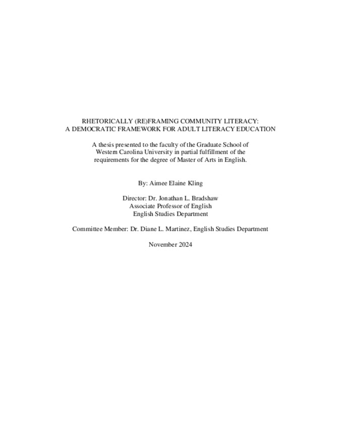 Rhetorically (re)framing community literacy: A democratic framework for adult literacy education