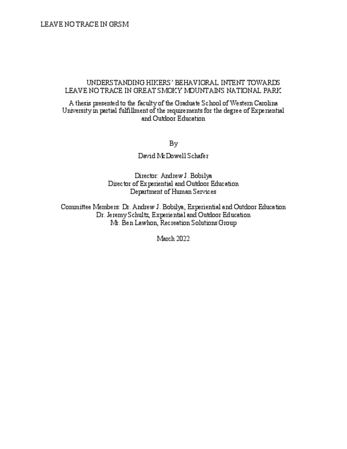 Understanding hikers' behavioral intent towards Leave No Trace in Great Smoky Mountains National Park