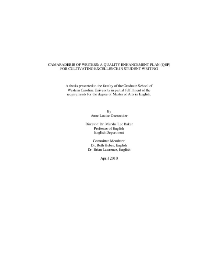 Camaraderie of writers : a quality enhancement plan (QEP) for cultivating excellence in student writing