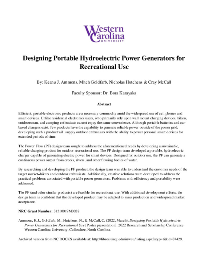 Designing Portable Hydroelectric Power Generators for Recreational Use