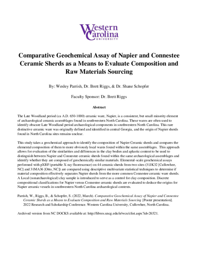 Comparative Geochemical Assay of Napier and Connestee Ceramic Sherds as a Means to Evaluate Composition and Raw Materials Sourcing