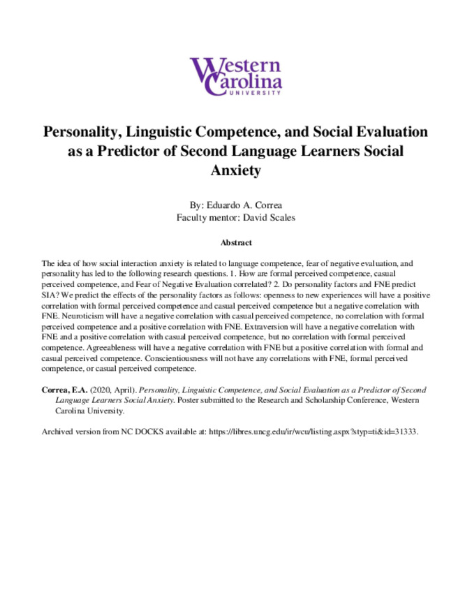 Personality, Linguistic Competence, and Social Evaluation As a Predictor of Second Language Learners Social Anxiety