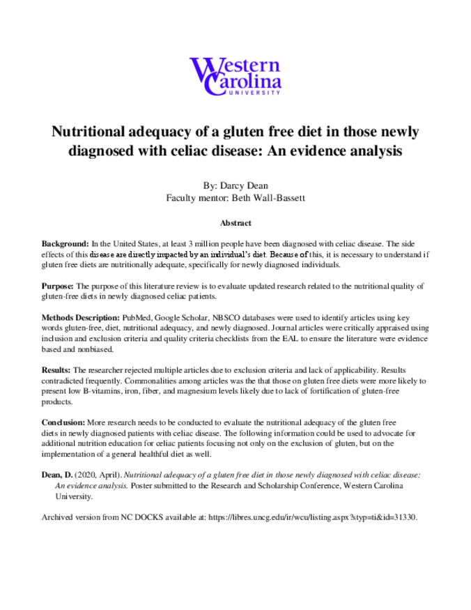 Nutritional adequacy of a gluten free diet in those newly diagnosed with celiac disease: An evidence analysis