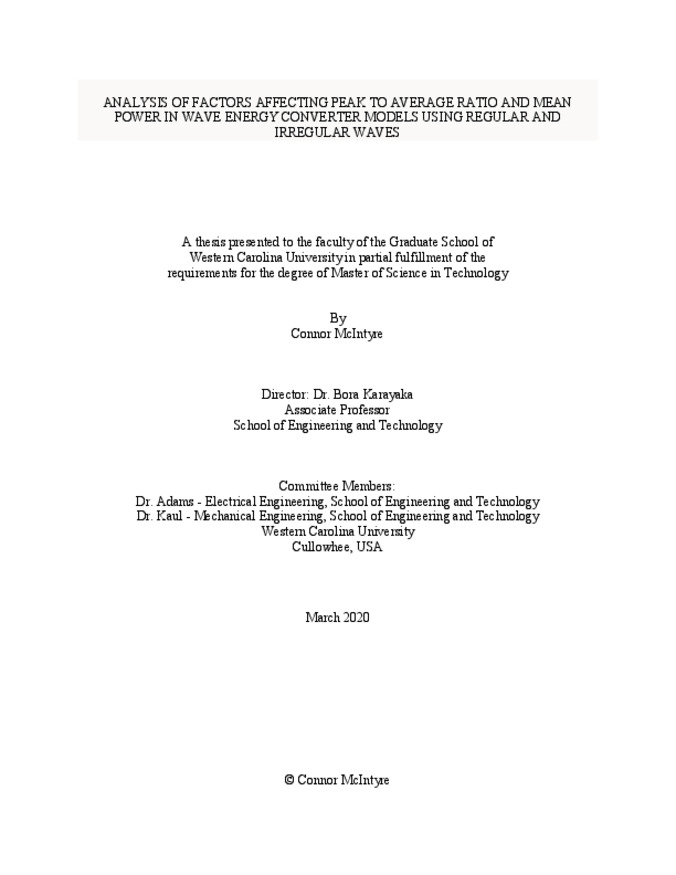 Analysis of factors affecting peak to average ratio and mean power in wave energy computer models using regular and irregular waves